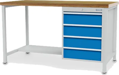 Immagine prodotto di Banco da lavoro, LxPxA 1500x750x859 mm, piano in faggio 40 mm, 4 cassetti 150 mm, 1 ripiano in acciaio, RAL 7035/5012