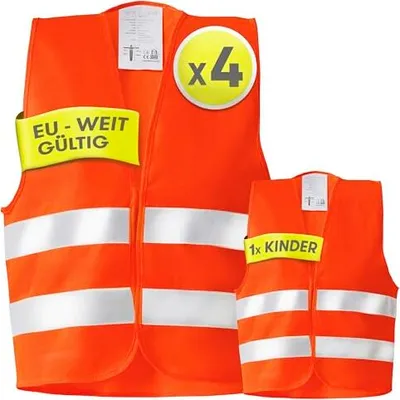 Produktbild von Warnwesten Auto 5er 4+1 Set Europaweit gültig nach EN ISO 20471 - Reflektierende Warnweste Auto inkl. Kinderweste - Sicherheitsweste Auto Warnweste