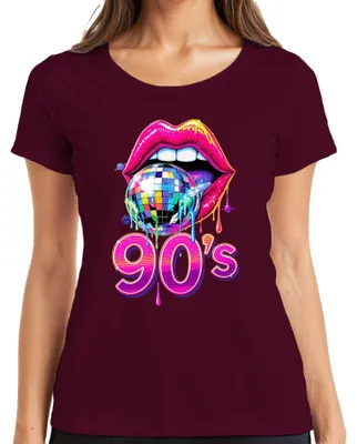 Zdjęcie produktu dla Koszulka damska z nadrukiem w stylu disco z lat 90., usta, pop-art, neon, retro, na imprezę, w kolorze bordowym, rozmiar XXL