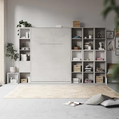 Produktbild von SMARTBett WOHNWAND Schrankbett 140x200 Vertikal mit Regalen Beton/Weiss