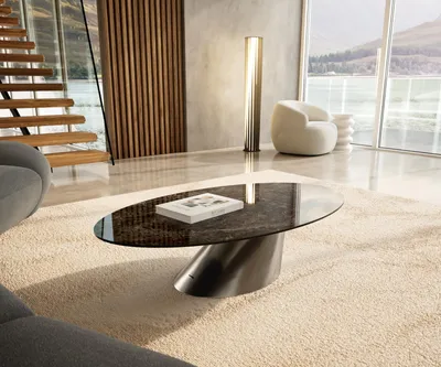 Produktbild von DELIFE Couchtisch Edge Oval 140x80 cm Keramik Emperador Extra Lucidato Dunkelbraun Conis Edelstahl gebürstet