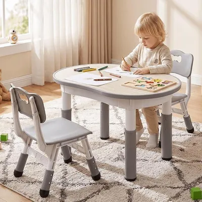 Imagen del producto de Mesa infantil con 2 sillas, juego de mesa y silla infantil con altura ajustable, conjunto de mobiliario infantil multifuncional, mesa para pintar para aulas y guarderías, juego de mesa y silla infantil para comer y jugar, color gris