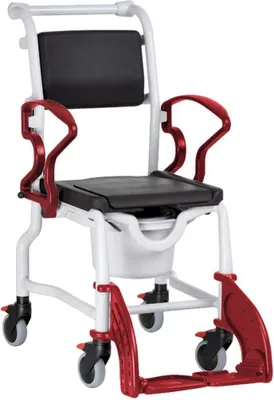 Produktbild von FabaCare Dusch- Toilettenrollstuhl Bremen, Premium Toilettenstuhl, Duschstuhl fahrbar, Rollstuhl mit WC Eimer, Grau-Rubinrot