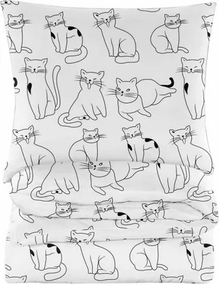 A flat lay of a duvet cover and pillowcase set with a repeating pattern of black line drawings of cats on a white background.