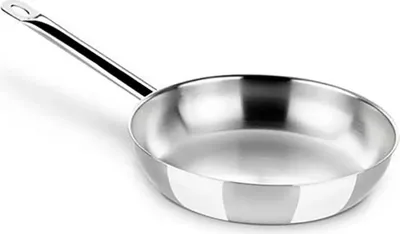 A stainless steel frying pan on a white background.