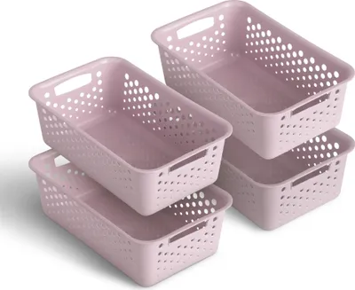 Zdjęcie produktu dla 4-częściowy kosz do przechowywania 2L z uchwytami - Bez BPA - Organizer (25 x 16 x 8 cm / różowy) - Kosz do łazienki kuchni sypialni, kosz domowy