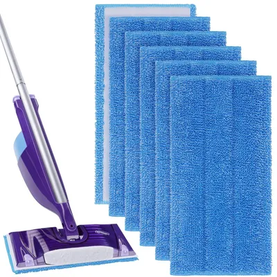 A mop and a stack of replacement mop pads.