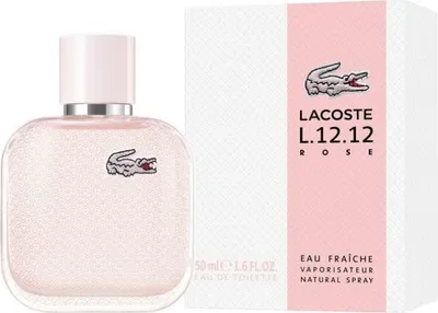 A bottle of Lacoste L.12.12 Rose Eau Fraiche perfume and its packaging.