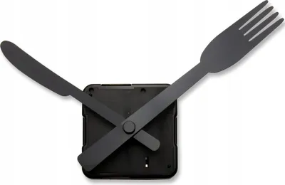 A clock mechanism with hands shaped like a knife and fork.