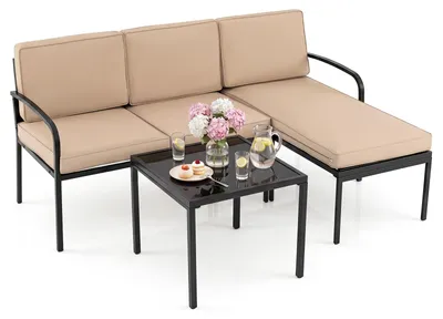Produktbild von COSTWAY Gartenlounge 3-teilig, Gartenmöbel Set bis 360 kg, Outdoor Lounge mit Tisch und Kissen, Terrassenmöbel, Sitzgarnitur, Sitzgruppe Braun