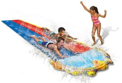 Produktbild von Unyqoos® Extra lange Wasserrutsche für Kinder (5–12 Jahre) mit Sicherheitskissen, 488 x 147 cm, doppelte PVC-Gleitbahn für Garten