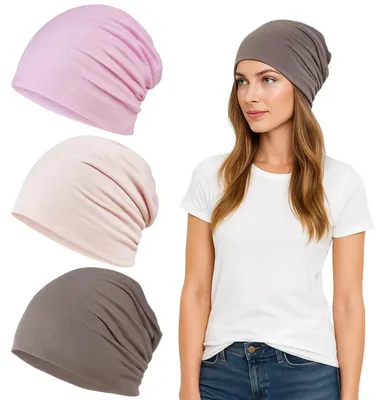 Produktbild von 3er Set Mütze Damen, Chemo Kopfbedeckung, dünn, für Yoga & Schlaf, Beanie, weich, Beige/Rosa/Khaki