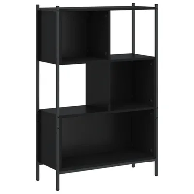 A black bookshelf with multiple compartments against a white background.