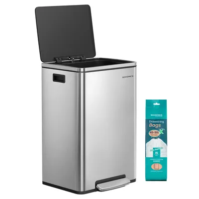 Obrázek produktu pro SONGMICS Odpadkový koš 50 l, 15 pytlů na odpadky, nerezová ocel, vyjímatelná plastová vnitřní nádoba, s víkem, držadly, systémem Softclose, stříbrný