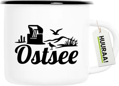 Produktbild von Huuraa Emaille Tasse Ostsee Strandmotiv 300ml Vintage Campingbecher Geschenkidee