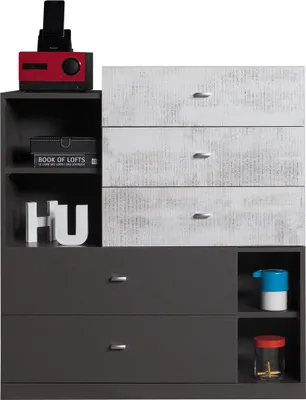 Produktbild von Masseno Kommode FIUME 90 cm Sideboard mit 5 Schubladen und  Türen für Wohnzimmer Schlafzimmer Modern 90x40x100 cm Graphitfarben / Hellgrau
