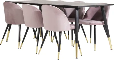 Image de Dipp180x90BLBR ensemble table, table noir et 6 Velvet chaises Velours rose, noir, laitonReproduction.