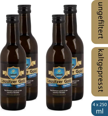 Produktbild von 4 x  Lausitzer Leinöl - Lausitzer Gold (kaltgepresstes ungefiltertes Premium Leinöl), 4x 250ml