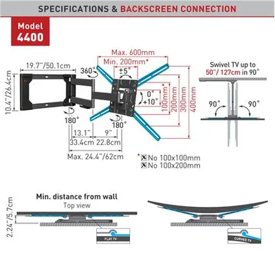Zdjęcie produktu dla Barkan Mounting Systems 4400, 101,6 cm (40"), 2,03 m (80"), 200 x 100 mm, 600 x 400 mm, 0 - 10°, Czarny