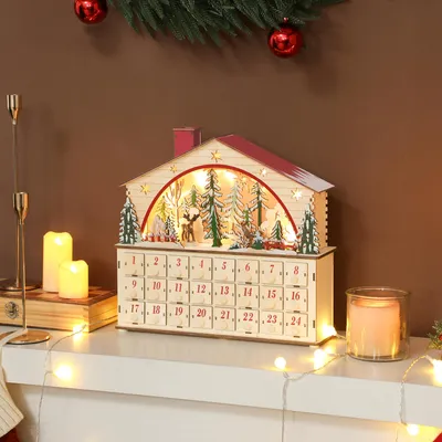 Produktbild von Adventskalender zum Befüllen, Weihnachtskalender mit 15 LED-Lichtern, 24 Schubladen Holz, Naturholz | 36 x 10 x 34 cm | 1,2 kg | Mehrschichtplatte