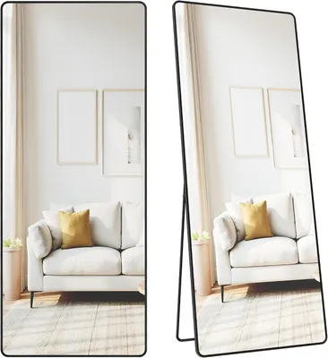 Immagine prodotto di Specchio da parete - Specchio su supporto, dimensioni 165 x 60 cm - Cornice in alluminio - Vetro temperato - Colore nero
