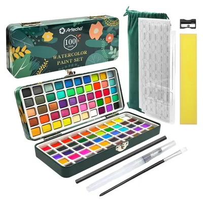 Produktbild von Artecho Aquarellfarben Wasserfarben Set - 100 Farben mit Pinseln und Zubehör - egal ob unterwegs oder Zuhause - für Künstler, Hobbymaler & Einsteiger