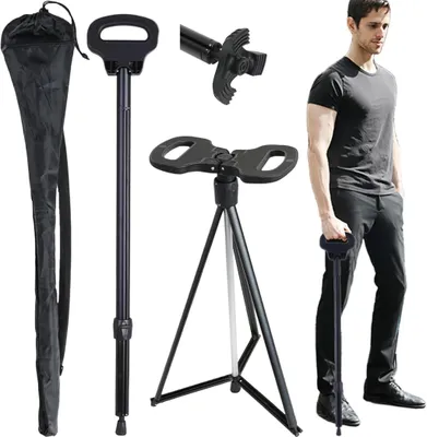 Produktbild von XXL tragbarer Gehstock mit Kissen,Verstellbarer Gehstock mit Sitz,Spazierstock,maximale Traglast 250 kg,Robustes und leichtes Aluminium und ergonomisches Design,mit Tragetasche
