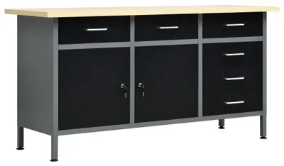 Image de Table de travail - Table d'atelier - Poste de travail - Établi - Établi avec tiroirs - Noir - Capacité de charge : 500 kg