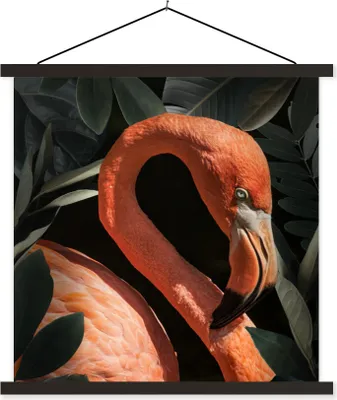 Produktbild von MuchoWow® Textilposter Flamingo - Blätter - Porträt - Botanisch 60x60 cm mit schwarzem Rahmen - Posteraufhänger