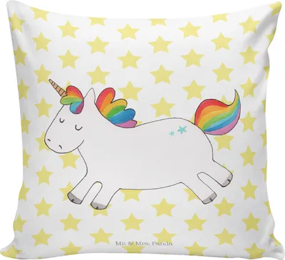 Produktbild von Mr. & Mrs. Panda Kissen 40x40 Einhorn Happy - Weiß - Geschenk, Lachen, Fröhlich, Couchkissen, Polsterkissen, für sofa, kuschelkissen, Unicorn, zier, Polster, glücklich