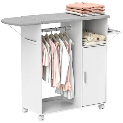 Produktbild von Bš¹gelbrettschrank mit Rollen, Kleiderstange, offenem Fach und Klappbrett, 127 x 42,5 x 99 cm, Wei?
