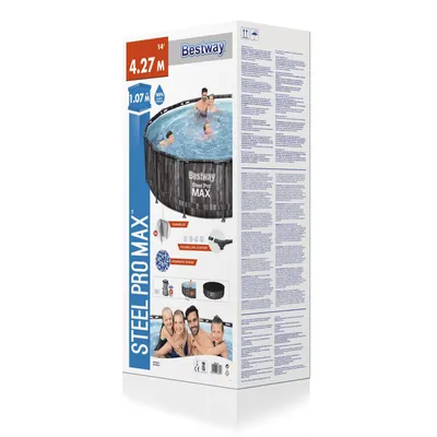 The image shows the packaging of a Bestway Steel Pro Max inflatable swimming pool. The box displays a picture of the pool with people enjoying it, along with product dimensions and branding.