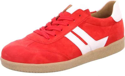 A single red sneaker with white accents and a tan sole is shown against a white background.