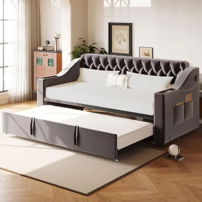 Produktbild von MODFU Schlafsofa mit Ausziehbett,90/180x190 Polstersofa mit breiten gepolsterten Armlehnen und USB Anschluss,Einzelbett Ohne Matratze mit Lattenrost,Dunkelgrau