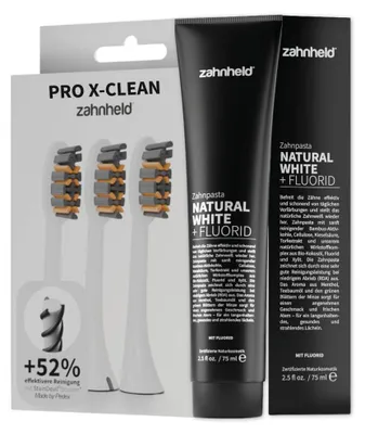 Produktbild von Zahnheld Zahnpasta Natural White mit Bürstenkopf Pro X-Clean im Vorteilspack in weiß - Wechselköpfe, Zahncreme mit Fluorid und Aktivkohle