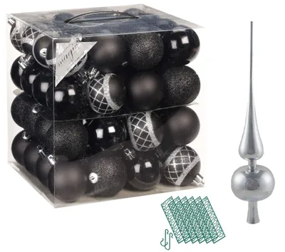 Produktbild von JACK 64x Kunststoff Christbaumkugeln Ø 6cm + Spitze 28cm inkl. Aufhänger Kugeln Schwarz