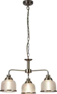 A three-light pendant chandelier with glass shades, suspended by a chain against a white background.
