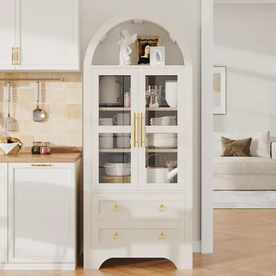 Produktbild von Flieks Küchenschrank mit transparentem Glas, großem Stauraum, Sideboard mit verstellbaren Regalböden, Schubladen, Hochschränke 76x40x180cm, Weiß