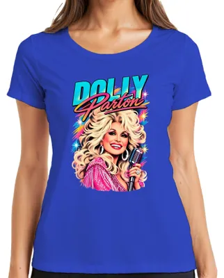 Productafbeelding van Dolly Parton, landelijke muzieklegende, zangeres, retro, Nashville-icoon, dames T-shirt, blauw, maat M