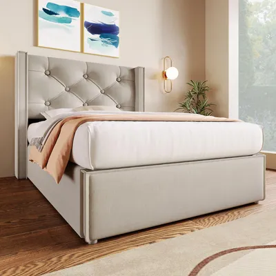 Obrázok produktu pre Postel s čalúneným čelom, 90x200 cm, svetlosivá – kovový rošt – moderný dizajn