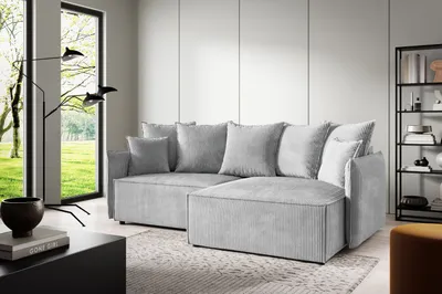 Produktbild von Ecksofas L-Form ANTONIO ABRIAMO POSSO 221x148x70 cm mit Schlaffunktion & Bettkästen, Eckarniutur / Couch in Cord-Bezug - Hellgrau