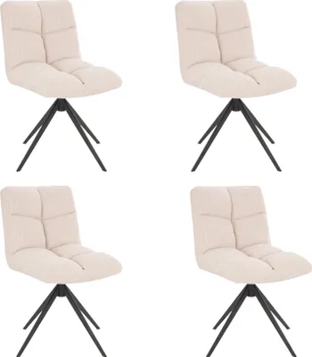 Four cream-colored dining chairs are arranged in a grid against a white background.