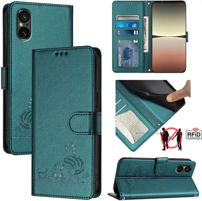Produktbild von Leder Hülle für Sony Xperia 5 V Süße Katze Flip Case Brieftasche Schutzhülle mit Standfunktion Grün