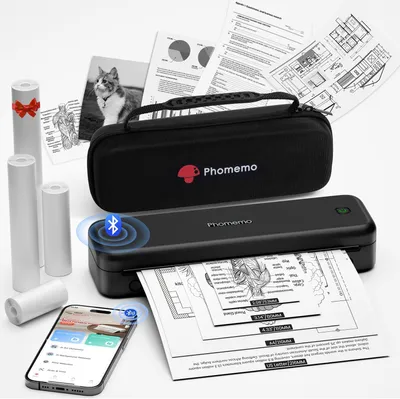 Produktbild von Mobiler Drucker A4 für Büro, Schule, Zuhause, Kompatibel mit Smartphones und Computern, Tragbarer Drucker mit Tragetasche und 4 Rollen Thermopapier