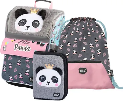 Produktbild von Baagl Schulranzen Mädchen Set 3 Teilig - Zippy Schultasche ab 1. Klasse - Grundschule Ranzen mit Brustgurt - Ergonomischer Schulrucksack (Panda)