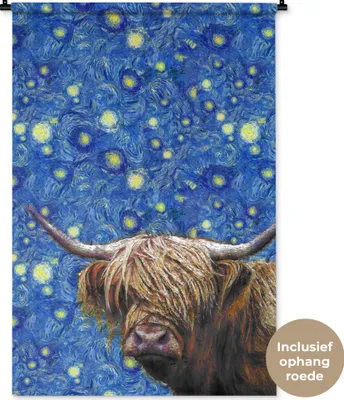 Produktbild von MuchoWow® Wandteppich Wandbehang Van Gogh - Schottisches Hochlandrind - Sternennacht 90x135 cm Tapisserie Dekoration Wandtuch - Baumwolle - Wandskulptur
