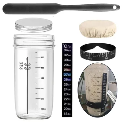 Produktbild von 2pcs Sauerteig-Starterglas-Set,730ml, mit großem Fassungsvermögen, Schaber, atmungsaktiver Stoffhülle, Thermometer, für Hobbybäcker
