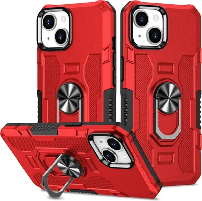 Produktbild von iPhone 15 Hülle, Dual Layer Robuste Rüstung Ringhalter Ständer Schutzhülle für iPhone 15 Rot
