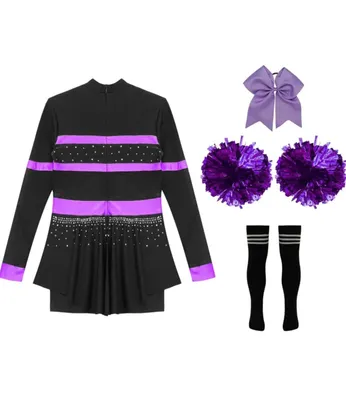 Zdjęcie produktu dla Strój cheerleaderki dla dziewczynki, rozmiar 134-140, czarno-fioletowy, z pomponami, zestaw idealny na karnawał, Halloween, imprezę lub występ