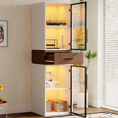 Productafbeelding van Glazen Vitrinekast - Hoge Kast - Woonkamer Decoratie - Geïntegreerde LED-verlichting - 40x40x200cm - Wit